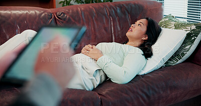 Buy stock photo Therapy, woman and counseling with grief, stress and sharing for conversation and mental health. Psychology, patient and tablet for evaluation in clinic with consultation, anxiety or trauma support