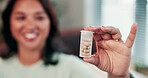 Pills, health and hands of woman for medical prescription, supplements and drugs on sofa. Healthcare, wellness and antibiotics with person in living room of home for medication, recovery and vitamins