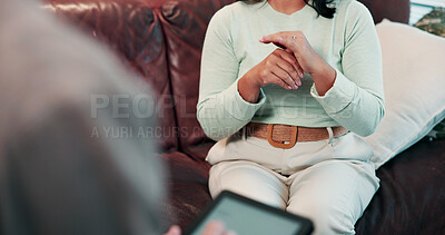 Buy stock photo Psychology, woman and counseling with grief, stress and sharing for conversation and mental health. Therapy, patient and tablet for evaluation in clinic with consultation, anxiety or trauma support