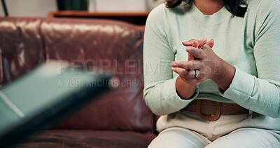 Buy stock photo Psychology, hands and woman with counseling, stress and sharing for conversation and mental health. Therapy, patient and tablet for evaluation in clinic with consultation, anxiety or trauma support