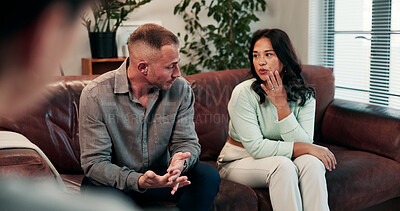 Buy stock photo Therapy, talking and couple on sofa for session with psychologist for relationship health. People, conversation and man with woman in office with therapist for marriage advice, heal or help at clinic