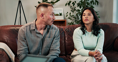 Buy stock photo Therapy, conversation and couple on sofa for session with psychologist for relationship health. People, talking and man with woman in office with therapist for marriage advice, heal or help at clinic