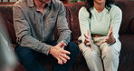 Therapy, talking and hands of couple on sofa for session with psychologist for relationship health. People, conversation and man with woman in office with therapist for marriage advice, heal or help.