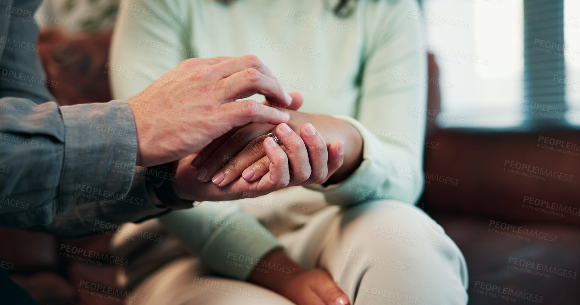 Buy stock photo Therapy, holding hands and person with grief, stress and advice for counselling and mental health. Psychology, patient and empathy for evaluation in clinic with consultation, anxiety and support