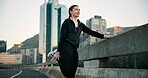 Stretching, fitness and woman on bridge in city for running, workout or training for wellness. Athlete, sports and female person with leg warm up for cardio exercise, health or active in urban town.
