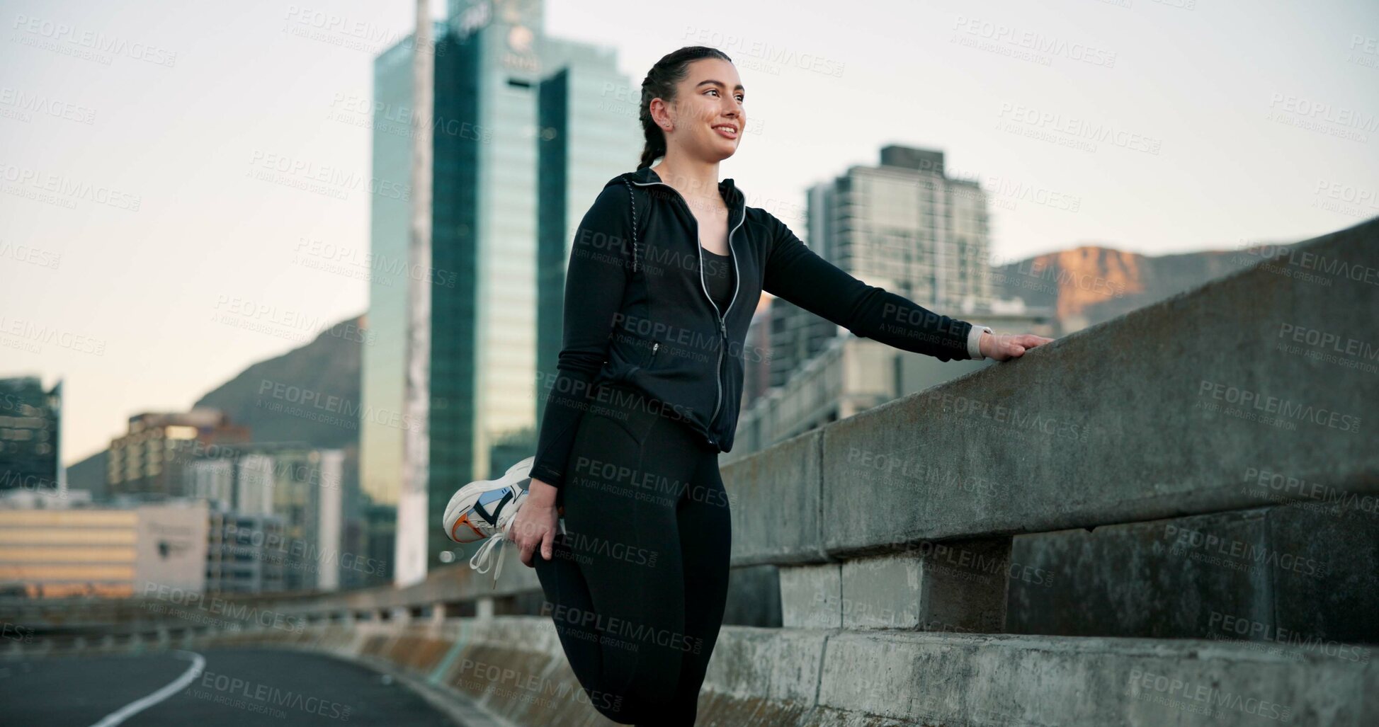 Buy stock photo Stretching, fitness and woman on bridge in city for running, workout or training for wellness. Athlete, sports and female person with leg warm up for cardio exercise, health or active in urban town.