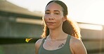 Bridge, fitness and portrait of woman outdoor for cardio, training or workout routine in morning. Confidence, exercise and serious with runner in city for commitment or dedication to health activity