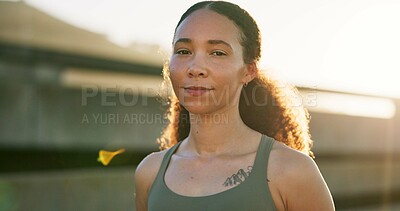 Buy stock photo Bridge, fitness and portrait of woman outdoor for cardio, training or workout routine in morning. Confidence, exercise and serious with runner in city for commitment or dedication to health activity