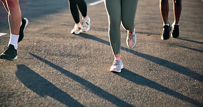 Buy stock photo People, legs and running on road for exercise, outdoor fitness or cardio training on asphalt. Feet, athlete group or runner club for sprint, race or practice on street for endurance or weight loss