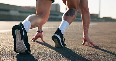 Buy stock photo Fitness, legs or sprinter on road with start position, speed development training or acceleration drills. Feet, outdoor exercise or person with workout for pace practice, city street or ready to run