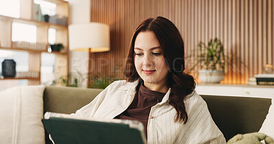 Buy stock photo Relax, subscription and tablet with woman on sofa in living room to search review of streaming service. App, scrolling and sign up with person browsing internet for media choice, decision or options