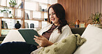 Relax, smile and tablet with woman on sofa in living room to search review of streaming service. App, scroll and subscription with happy person browsing internet for media choice, decision or options