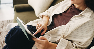 Buy stock photo Hands, relax and tablet with woman on sofa in living room to search review of streaming service. App, scrolling and sign up selection with person browsing subscription options for choice or decision