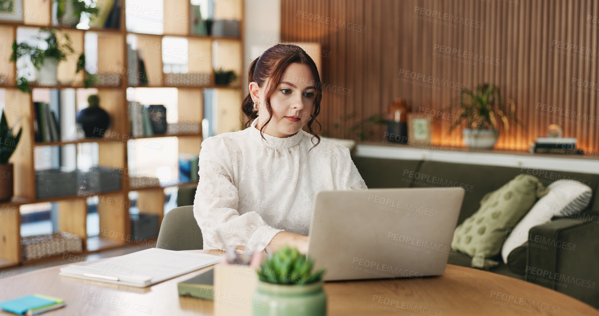 Buy stock photo Woman, clipboard and typing with laptop for project draft, editing article and creative process in home. Remote work, freelance writer and tech for proofreading with document or blog post feedback
