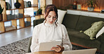 Woman, clipboard and writing with laptop for project draft, editing article and creative process in home. Remote work, freelance writer and tech for proofreading with document or blog post feedback