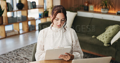 Buy stock photo Woman, clipboard and writing with laptop for project draft, editing article and creative process in home. Remote work, freelance writer and tech for proofreading with document or blog post feedback