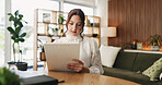 Woman, clipboard and thinking with proposal for project draft, editing article or creative process in home. Remote work, freelance writer and tech for proofreading with document or blog post feedback