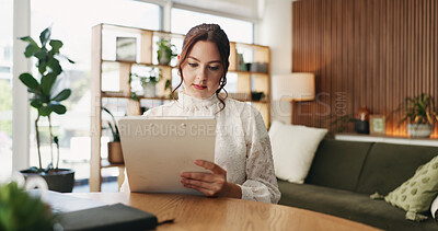 Buy stock photo Woman, clipboard and thinking with proposal for project draft, editing article or creative process in home. Remote work, freelance writer and tech for proofreading with document or blog post feedback