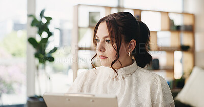Buy stock photo Woman, clipboard and thinking with proofreading for project draft, editing article or creative process in home. Remote work, freelance writer and report for proposal with document or blog feedback