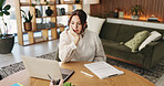 Woman, thinking and reading with laptop for project draft, editing article and creative process in home. Remote work, freelance writer and tech for proofreading with document or blog post feedback