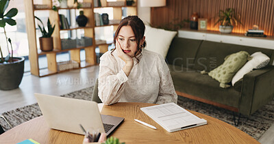 Buy stock photo Woman, thinking and reading with laptop for project draft, editing article and creative process in home. Remote work, freelance writer and tech for proofreading with document or blog post feedback