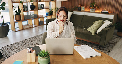 Buy stock photo Woman, research and freelancer with laptop for project draft, editing article or creative process in home. Remote work, writer and digital tech for proofreading with document or blog post feedback
