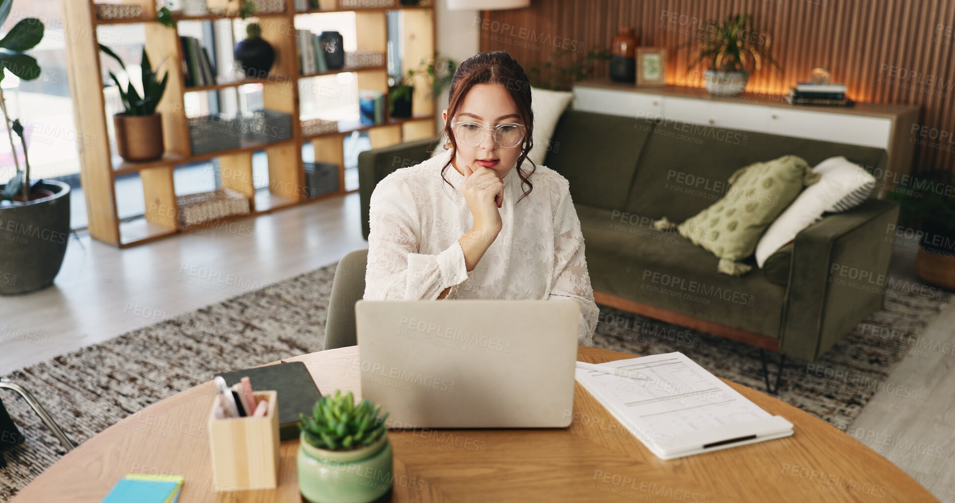 Buy stock photo Woman, research and freelancer with laptop for project draft, editing article or creative process in home. Remote work, writer and digital tech for proofreading with document or blog post feedback