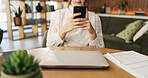 Woman, hands and typing with phone for project draft, editing article and creative process in home. Remote work, freelance writer and tech for proofreading with document or blog post feedback