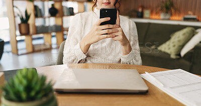 Buy stock photo Woman, hands and typing with phone for project draft, editing article and creative process in home. Remote work, freelance writer and tech for proofreading with document or blog post feedback