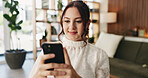 Woman, smile and typing with phone for project draft, editing article and creative process in home. Remote work, freelance writer and tech for proofreading with document or blog post feedback