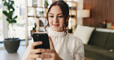 Buy stock photo Woman, freelancer and typing with phone for project draft, editing article and creative process in home. Remote work, writer and digital tech for proofreading with document or blog post feedback
