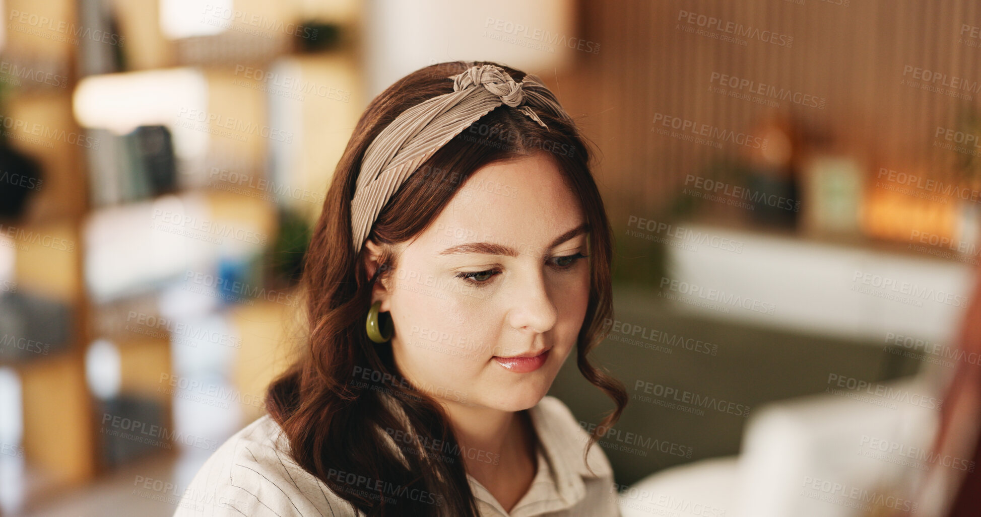 Buy stock photo Woman, artist and easel in home for painting with diy, hobby and creative process with stroke for project. Person, inspiration and canvas for drawing, design or skills for talent with craft at house