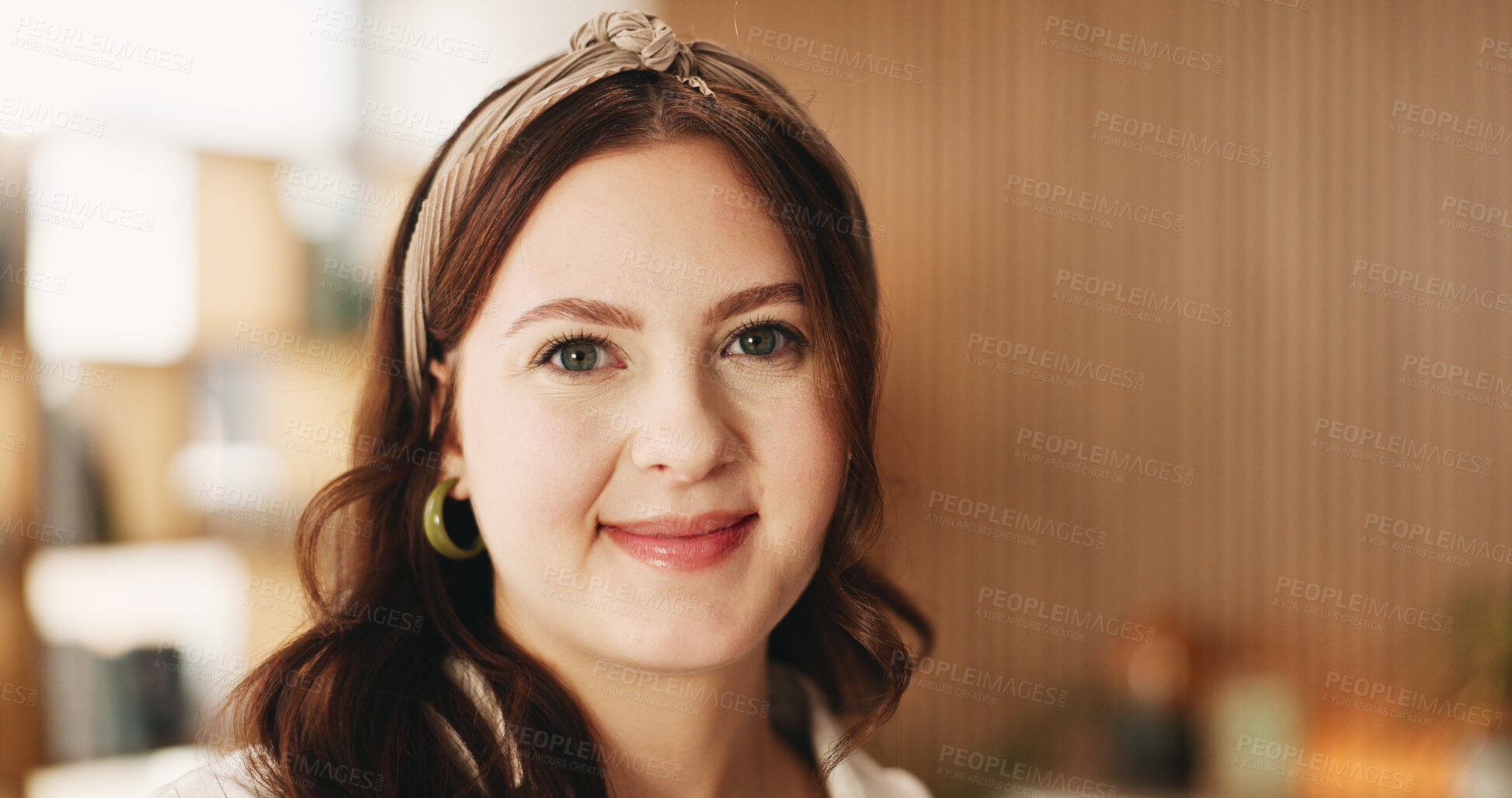 Buy stock photo Portrait, relax and space with woman in living room of home for break, me time chilling or weekend. Calm, friendly and personality with happy person in apartment for peaceful morning or wellness