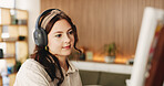 Painting, headphones or woman in lounge with hobby, streaming or music inspiration for artwork. Creative outlet, tech or artist in house with canvas, radio or craft podcast for visual expression.