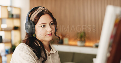 Buy stock photo Painting, headphones or woman in lounge with hobby, streaming or music inspiration for artwork. Creative outlet, tech or artist in house with canvas, radio or craft podcast for visual expression.
