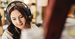Painting, headphones or woman in house with hobby, streaming or music inspiration for artwork. Creative outlet, tech or artist in living room with canvas, radio or craft podcast for visual expression
