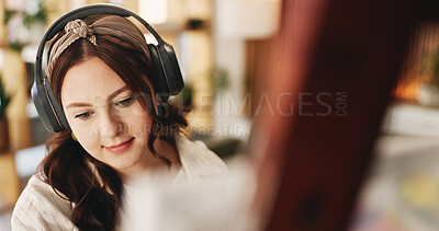 Buy stock photo Painting, headphones or woman in house with hobby, streaming or music inspiration for artwork. Creative outlet, tech or artist in living room with canvas, radio or craft podcast for visual expression