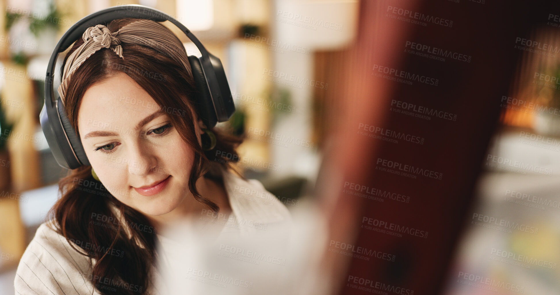 Buy stock photo Painting, headphones or woman in house with hobby, streaming or music inspiration for artwork. Creative outlet, tech or artist in living room with canvas, radio or craft podcast for visual expression