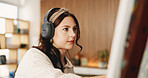 Painting, headphones or person in home with canvas, streaming or music inspiration for artwork. Creative hobby, woman or artist in house with tech, radio or craft podcast for visual expression.