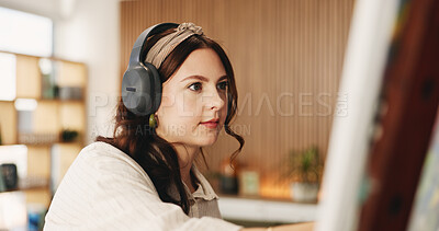 Buy stock photo Painting, headphones or person in home with canvas, streaming or music inspiration for artwork. Creative hobby, woman or artist in house with tech, radio or craft podcast for visual expression.