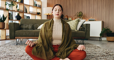 Buy stock photo Woman, meditation and lotus on floor in home with breathing exercise, wellness and zen in lounge. Person, yoga and pose with mudra on carpet, mindfulness or holistic fitness in living room at house
