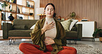 Woman, meditation and chest on floor in house with breathing exercise, wellness and zen in lounge. Person, yoga and pose with mudra on carpet, mindfulness or holistic fitness in living room at home