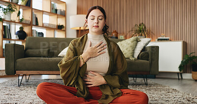 Buy stock photo Woman, meditation and chest on floor in house with breathing exercise, wellness and zen in lounge. Person, yoga and pose with mudra on carpet, mindfulness or holistic fitness in living room at home