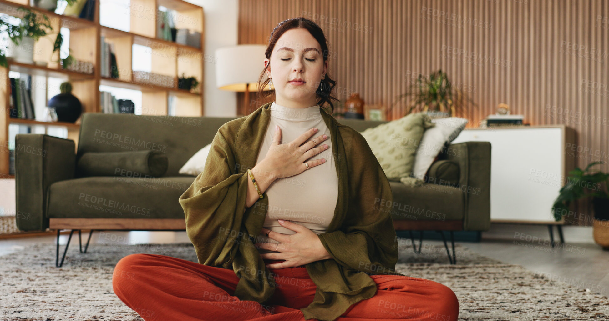 Buy stock photo Woman, meditation and chest on floor in house with breathing exercise, wellness and zen in lounge. Person, yoga and pose with mudra on carpet, mindfulness or holistic fitness in living room at home
