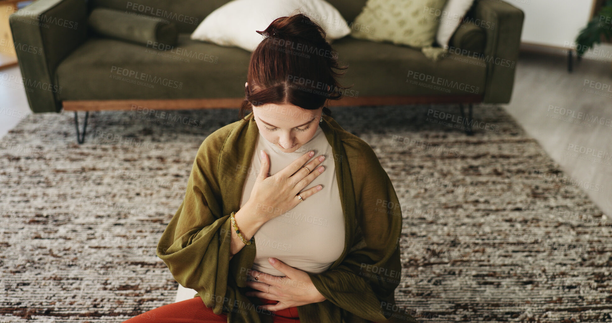 Buy stock photo Woman, meditation and chest in house with breathing exercise, wellness and zen on lounge floor. Person, yoga and pose with mudra on carpet, mindfulness or holistic fitness in living room at home