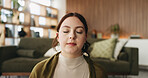 Calm, woman and peace in living room with meditation, spiritual awareness and breathing for wellness. Zen, person and mindfulness in tranquil home with reflection, holistic health and stress relief.