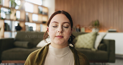 Buy stock photo Calm, woman and peace in living room with meditation, spiritual awareness and breathing for wellness. Zen, person and mindfulness in tranquil home with reflection, holistic health and stress relief.