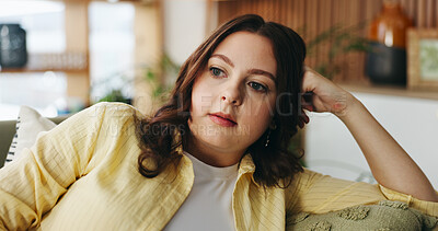 Buy stock photo Thinking, woman and relax on sofa at house with vision, daydreaming and remember decision. Thoughts, female person and insight with reflection, nostalgia memory and contemplating for weekend break