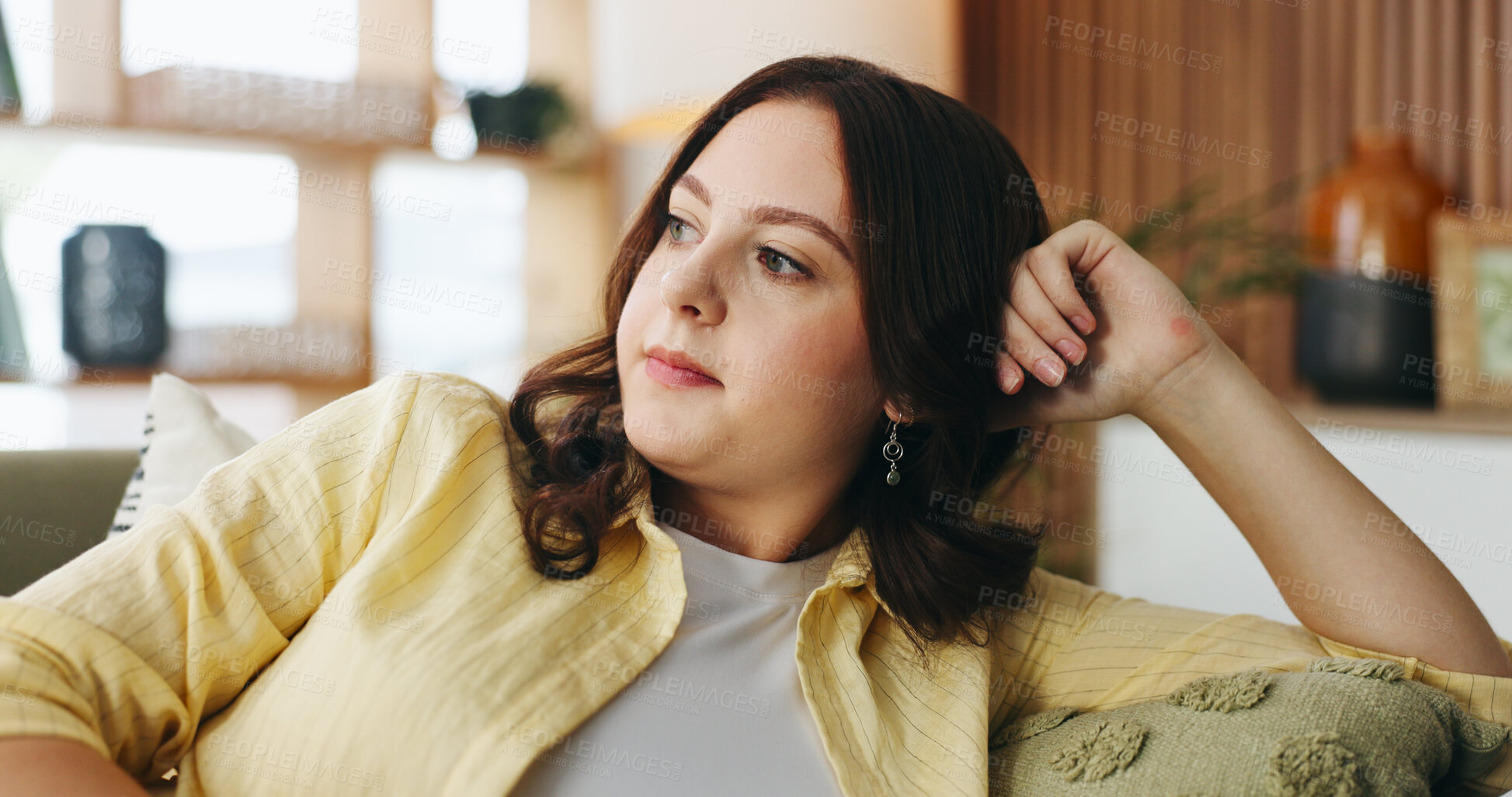 Buy stock photo Thinking, morning and woman on sofa in home for reflection, nostalgia and daydreaming on weekend. Apartment, bored and person on couch with memory, thoughtful and wondering for planning day on break