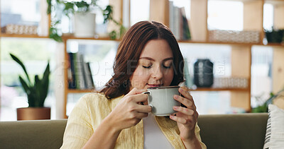 Buy stock photo Woman, relax and smell coffee in house with fragrance, calm morning routine and peace for weekend break. Person, chill and drink aroma in living room with espresso scent, reflection and mindfulness.